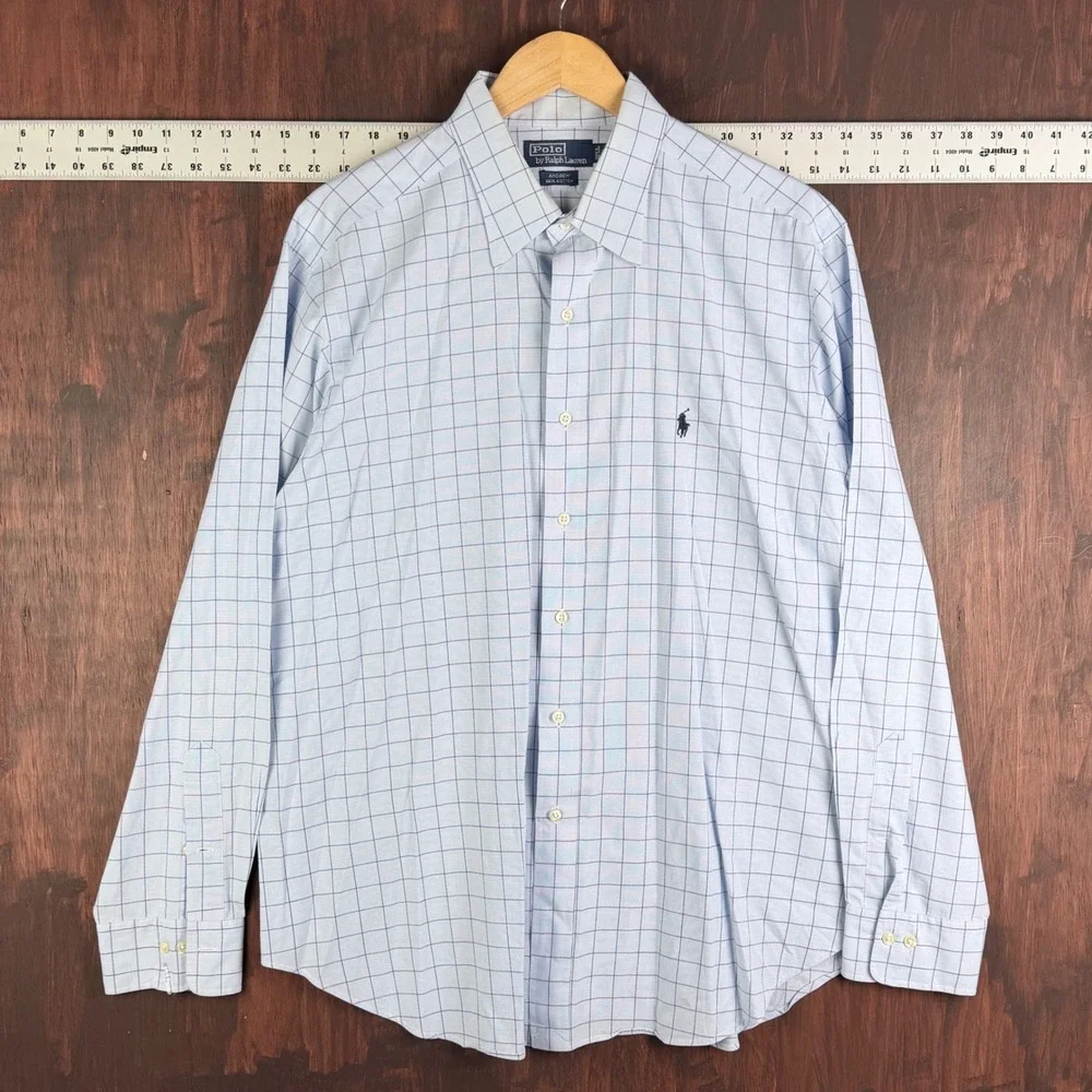 Polo Ralph Lauren Andrew Mens 17.5 36/37 Blue‎ Windowpane Check Cotton Shirt